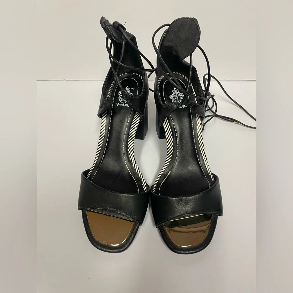 French blu vegan sandals block Heel lace up black gold 6